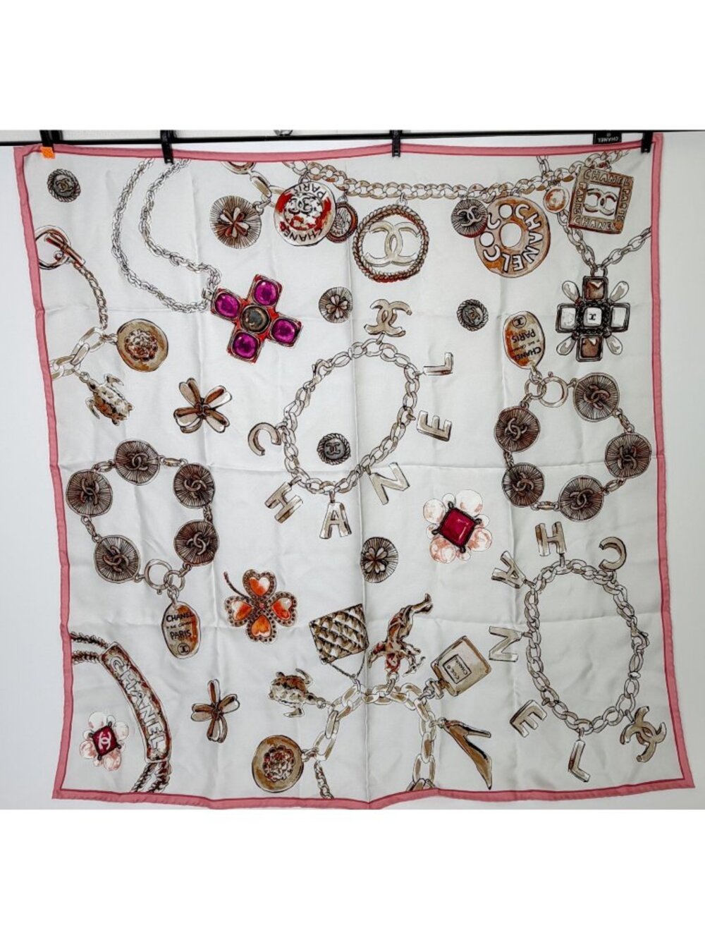 Chanel CC Logo Motif Scarf Silk White Pink Brown Vintage